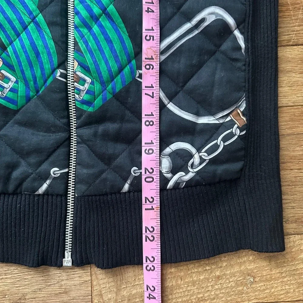 Vtg Lauren Ralph Lauren Womens Black Quilted Equestrian Print Zip Up‎ Sweater  S